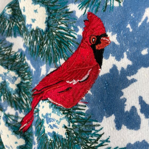 Vintage 90s Christmas Sweatshirt Cardinal Bird Winter White‎ Size XL Holiday Top - Picture 8 of 13